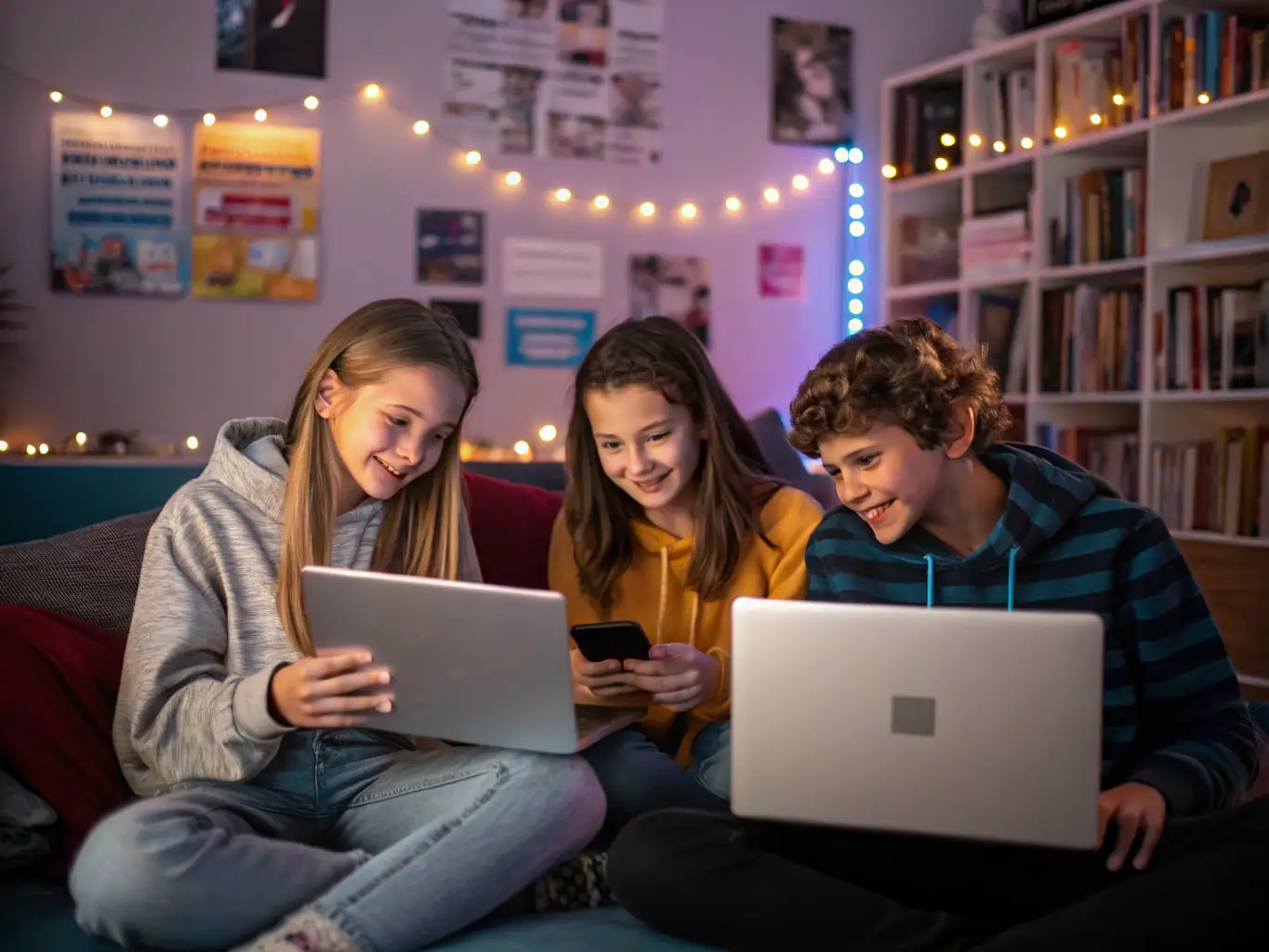 A diverse group of teenagers participating in a READ AT HOME book club discussion, sharing their thoughts and interpretations of a novel.