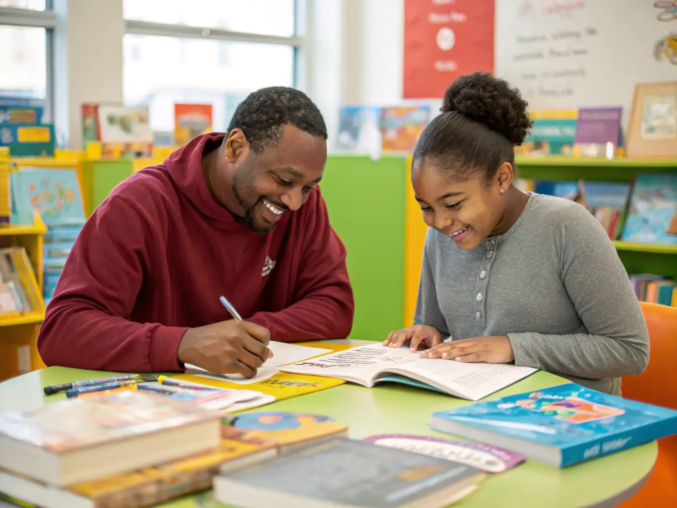An adult learner working with a READ AT HOME tutor, focusing on improving their reading comprehension and writing skills.