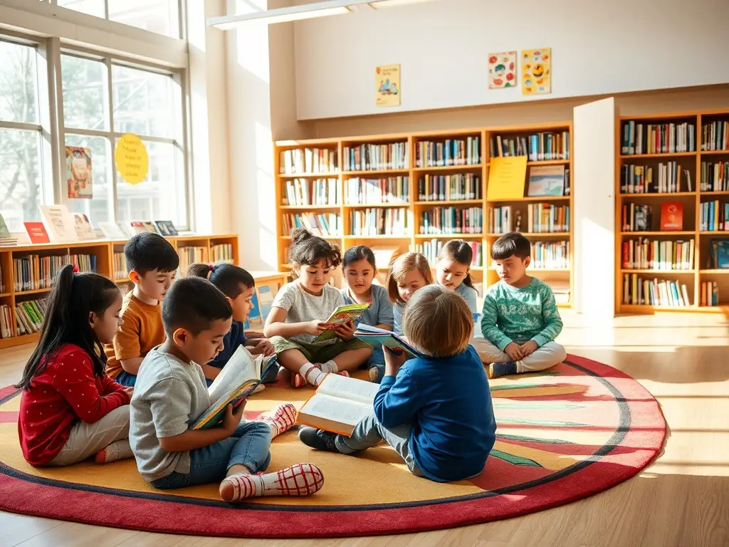 A group of children sitting in a circle, listening attentively as a volunteer reads aloud from a colorful picture book during a READ AT HOME storytelling session.