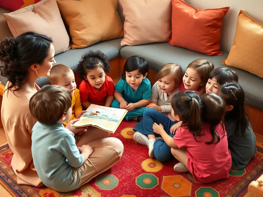 A photograph of a READ AT HOME educational activity, such as a storytelling session or a reading competition. The image should capture the enthusiasm and engagement of the participants.