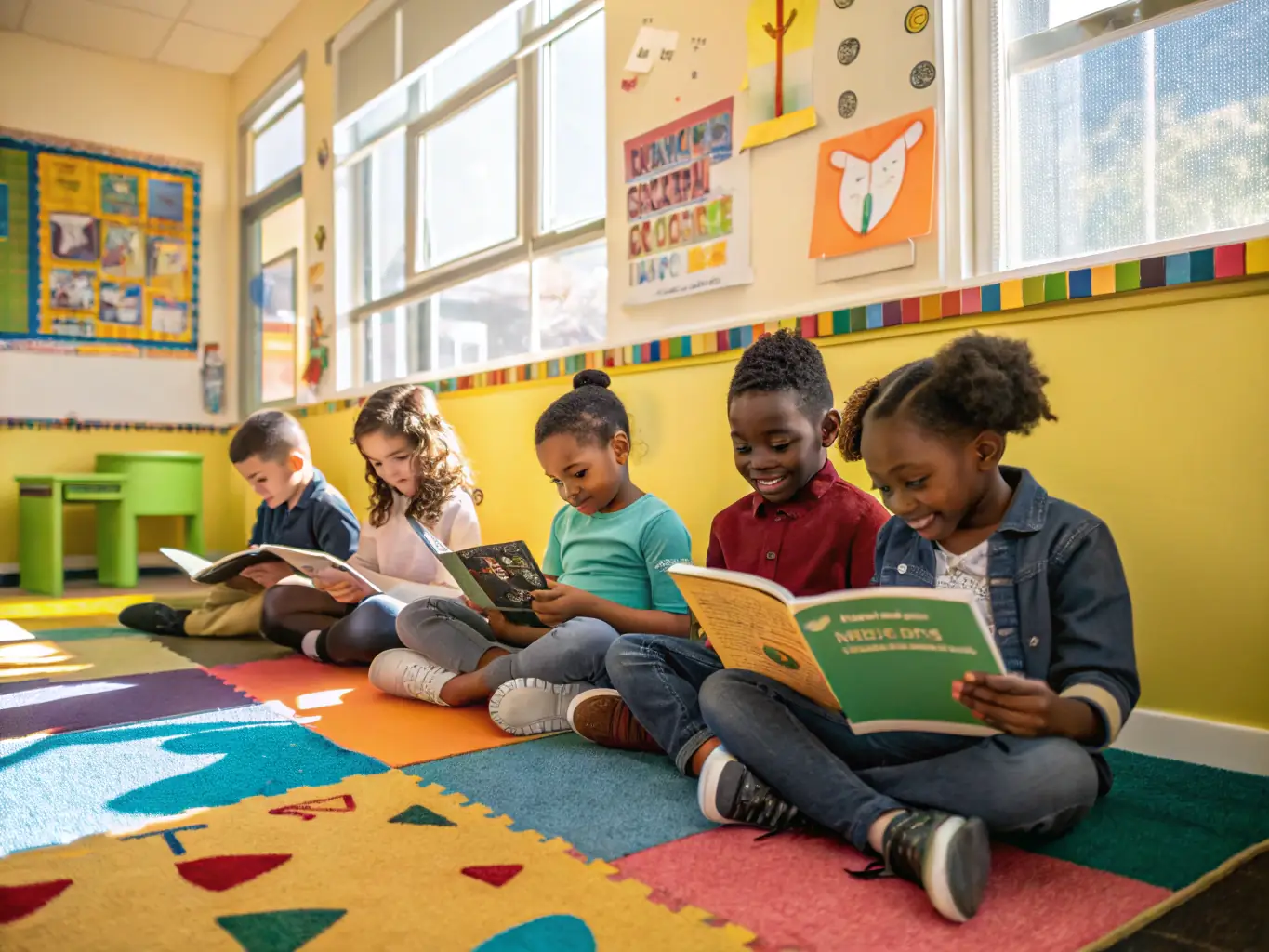 A group of children sitting in a circle, listening attentively as a volunteer reads aloud from a colorful picture book during a READ AT HOME early literacy program.