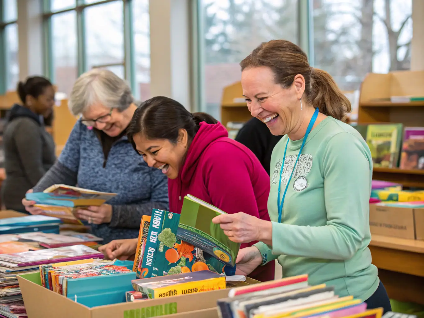 An image showing volunteers organizing and distributing books at a READ AT HOME event. The setting should be a community center or school, with a focus on accessibility and inclusivity.