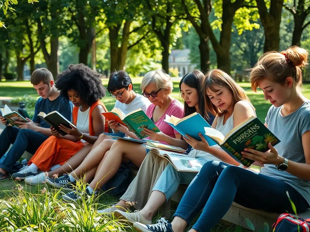 A vibrant scene of a READ AT HOME community reading circle, with people of all ages and backgrounds gathered in a park, sharing stories and engaging in lively discussions.