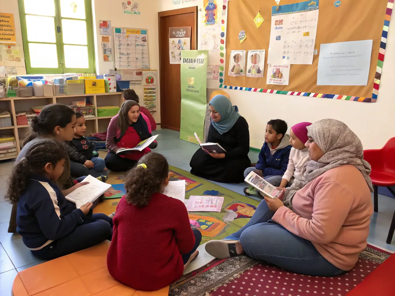 A diverse group of adults participating in a READ AT HOME literacy workshop, working together on reading and writing exercises with guidance from an instructor.