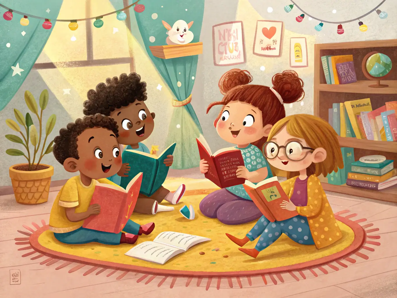 A vibrant image depicting children participating in a READ AT HOME literacy program, surrounded by books and engaged in a reading activity. The scene should convey a sense of joy, learning, and community.